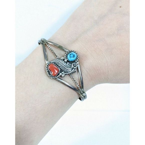 Southwestern Turquoise dual Stone Cuff Bracelet - Sterling Silver vintage - Picture 10 of 11